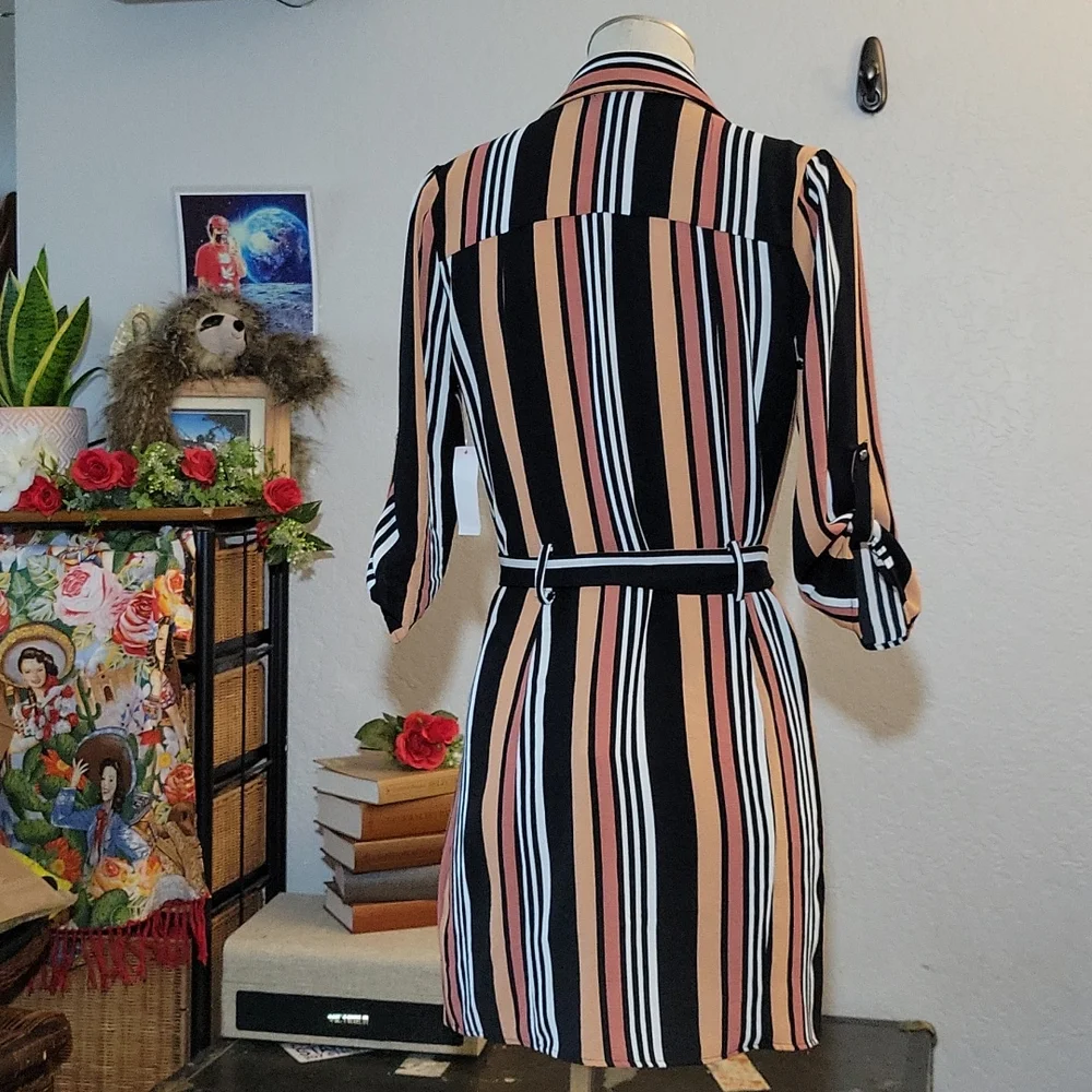 Striped Belted Shirt Dress Button Tab Roll Up Sleeves Small - Picture 5 of 11